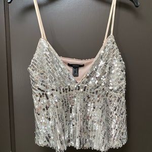 Sequin crop top sweetheart cami NYE cream rose